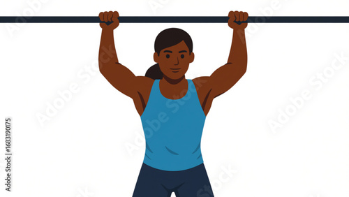 Strong woman doing pullups on a bar in a gym, showcasing her strength and determination, highlighting fitness and healthy lifestyle.