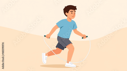 Boy skipping rope outdoors on a sunny day, enjoying physical activity and promoting healthy lifestyle, full of energy and fun.