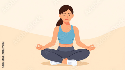 Woman meditating in lotus position on beige surface, finding inner peace and balance through mindfulness and relaxation, promoting wellness.