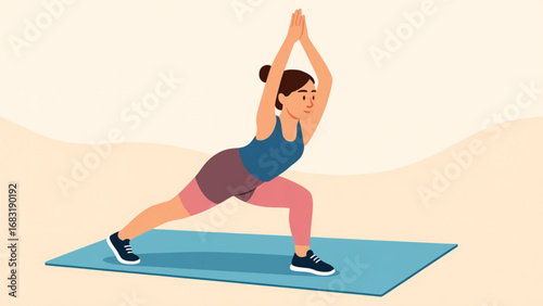 Young woman practicing yoga pose on a mat indoors, focusing on balance and flexibility with a serene and mindful expression.