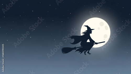 Witch silhouette flying on broomstick across night sky with full moon and stars, creating spooky and magical halloween atmosphere.