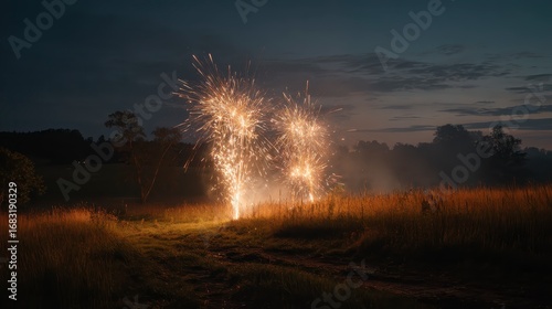 A peaceful countryside field lit by radiant fireworks, rustic documentary style,