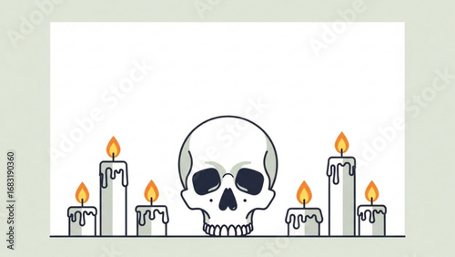 Skull and burning candles arranged on a white surface creating a spooky and mysterious atmosphere for Halloween or gothic themed events.