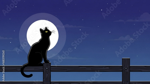 Black cat sitting on wooden fence under full moon in dark night sky observing the surroundings with a sense of mystery and tranquility.