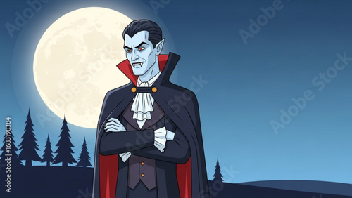 Cartoon vampire standing in front of a full moon near a forest, creating a spooky and mysterious atmosphere on a dark night.