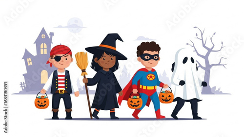 Children dressed in halloween costumes trick or treating in front of spooky house on a dark night, celebrating the holiday with excitement and fun.