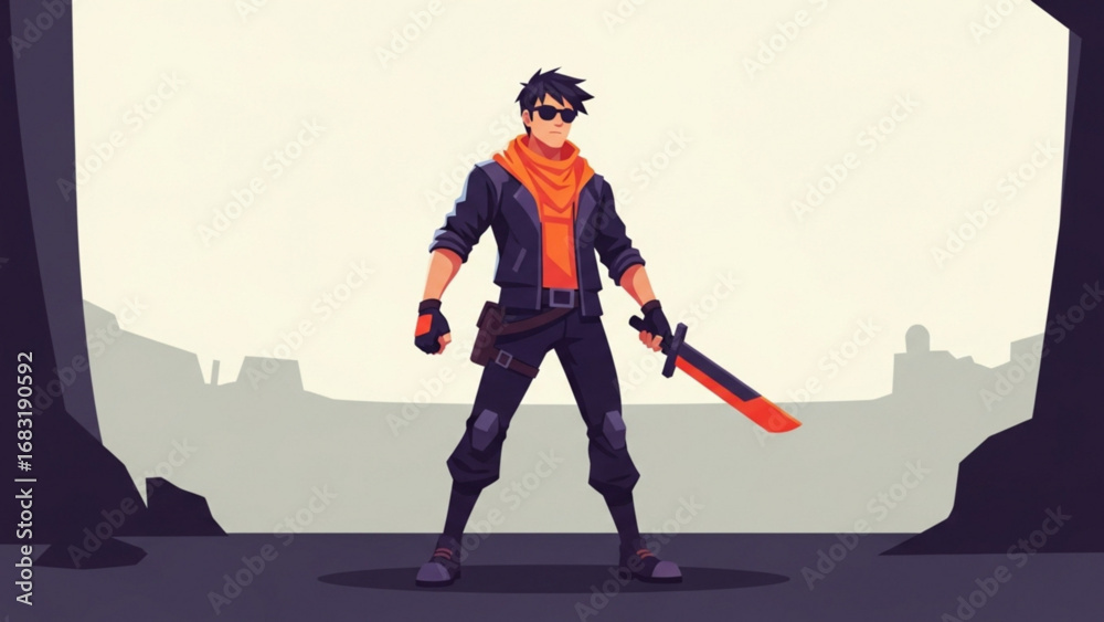 Obraz premium Confident swordsman stands guard in rocky cave entrance, holding katana with orange blade against a desolate landscape, exuding strength and determination.
