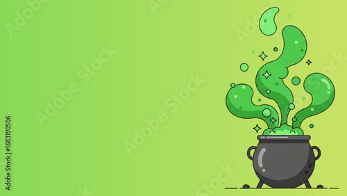 Bubbling green potion overflows from a black cauldron, creating a magical and spooky atmosphere with glowing sparkles, perfect for halloween.