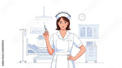 Confident nurse holding syringe in hospital room preparing for vaccination, showcasing healthcare and medical treatment with a hopeful atmosphere.