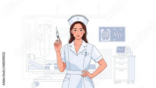 Smiling nurse holding syringe in hospital room preparing for injection with medical equipment in background, conveying healthcare and treatment.