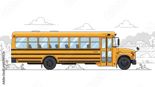 Yellow school bus driving on a country road with trees and houses in the distance, representing education and transportation in a rural setting.