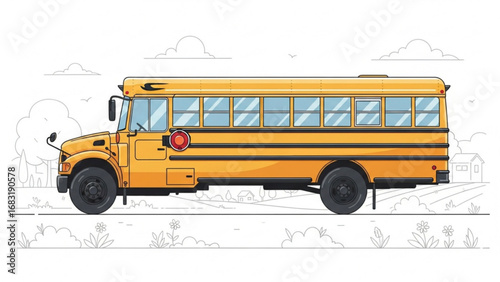 Yellow school bus transports students along a road with trees and grass in a rural area, symbolizing education and community, in a clean and simple style.