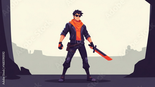 Confident swordsman stands guard in rocky cave entrance, holding katana with orange blade against a desolate landscape, exuding strength and determination.