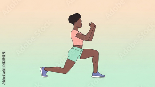 Young woman performing a lunge exercise in a studio, demonstrating fitness and strength with focused determination and a healthy lifestyle.