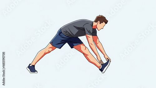 Man stretching his leg muscles in a bright studio, preparing for a workout with focus and determination to improve flexibility and fitness.