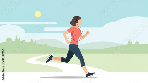 Young woman jogging outdoors on sunny day listening to music with headphones, enjoying healthy lifestyle and fresh air in the park.