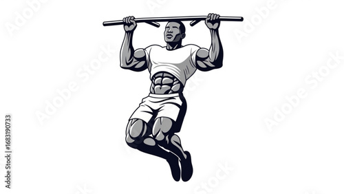 Muscular man performing pullups on a bar in a gym, showcasing strength and determination during a workout session.