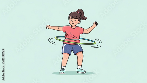 Girl twirls hula hoop around her waist in a light blue room, showcasing fitness and coordination with a playful, energetic vibe.