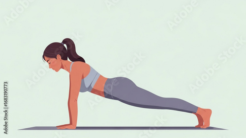 Woman performing plank exercise on yoga mat in bright studio, focusing on core strength and fitness, promoting healthy lifestyle.