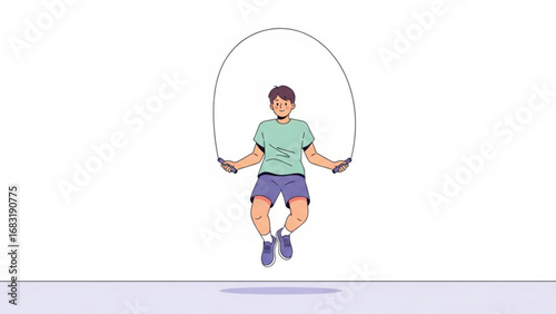 Boy skipping rope in minimalist indoor setting showing focus and determination during physical activity, promoting healthy lifestyle.