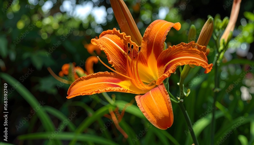 Obraz premium A vibrant orange daylily flower with ruffled petals stands out against a background of lush green foliage.