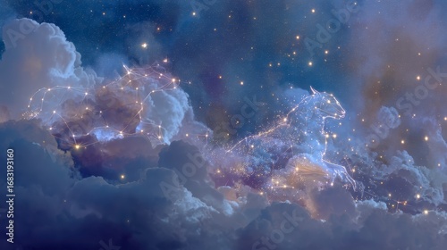 A surreal dreamlike sky where stars form constellations shaped like animals, fantasy illustration, 