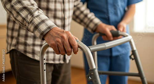 Senior man using walker with assistance from healthcare professional