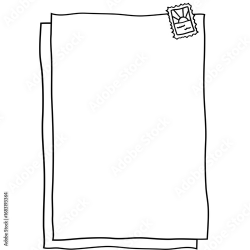 Hand-drawn outline illustration of two blank sheets of paper with a small postage stamp in the top right corner.