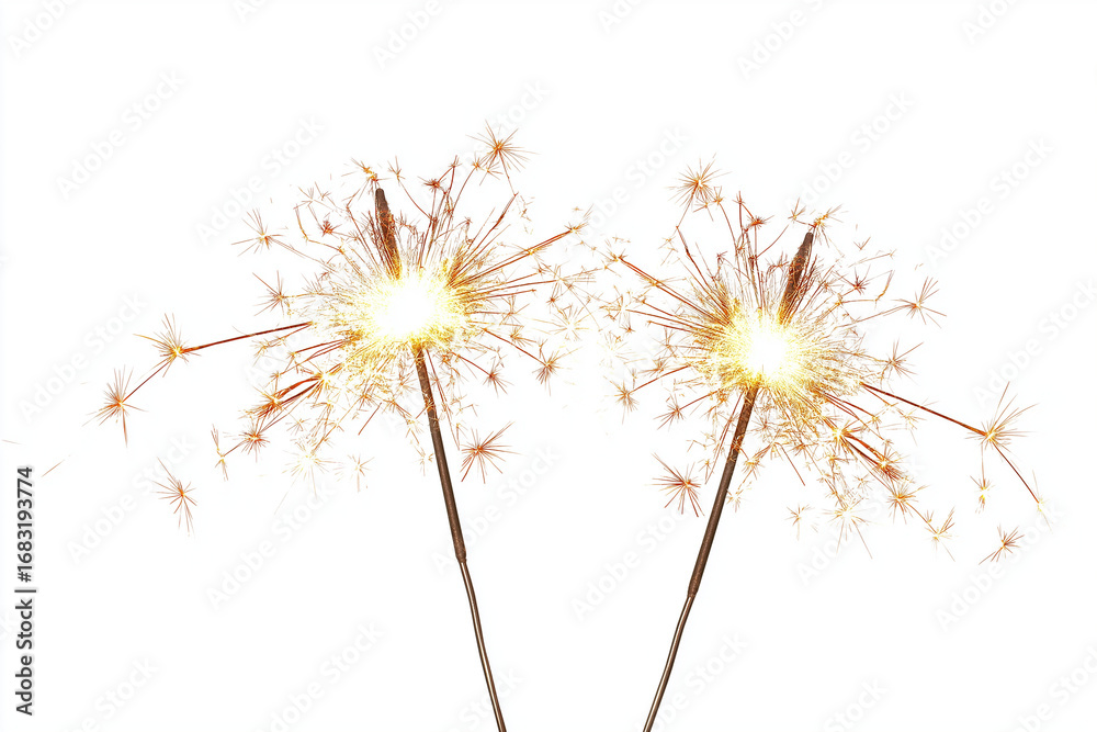 Fototapeta premium Handheld sparklers glowing with bright sparks, isolated on white background