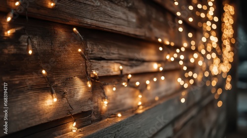 Aesthetic backdrop of glowing fairy lights on rustic wooden panels, cozy editorial style, 