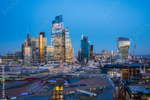 Elevated view of the Skyline of The London Financial District (The City of London.) Seen at Dusk.