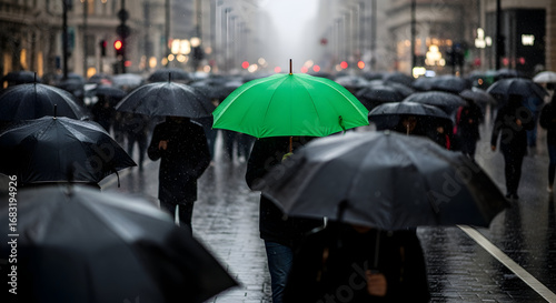 Green umbrella stands out in a crowd of black umbrellas on a rainy day in London