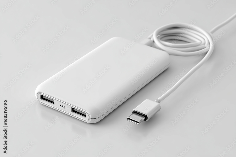 Fototapeta premium Portable power bank charger with short cable, modern style, white background