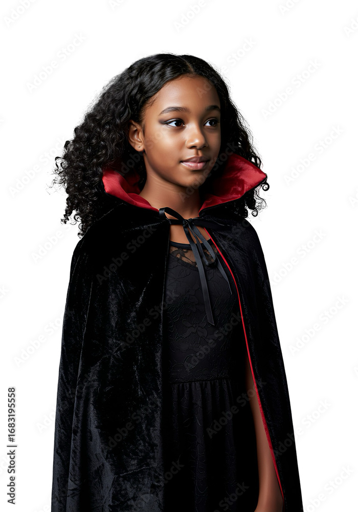 Naklejka premium Smiling Black Girl in Vampire Halloween Costume with Transparent Background