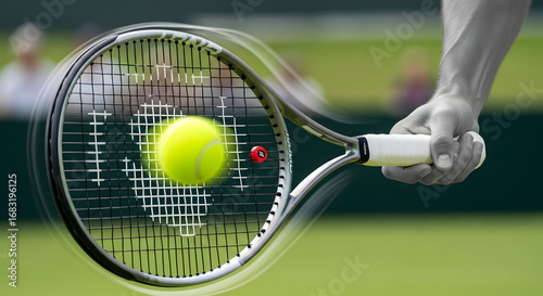 Action shot of a tennis racket hitting a ball during a tennis match showing speed and power of the