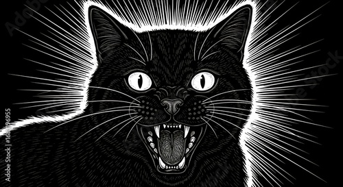 An angry black cat hisses with sharp fangs and wide eyes in a dramatic black and white vintage engraving style illustration