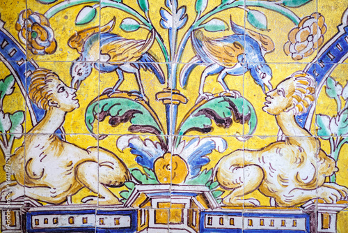 Twin sphinxes and birds in Renaissance tile panel at Royal Alcazar