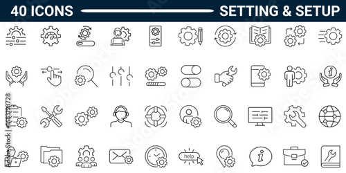 Setting and setup line icon set. Includes Configuration, option, settings, and control. Editable stroke. Vector illustration