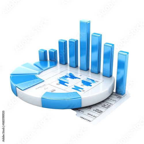 3d rendering of a pie chart and bar graph showing business data and financial analysis on a white surface with a for presentations on transparent background