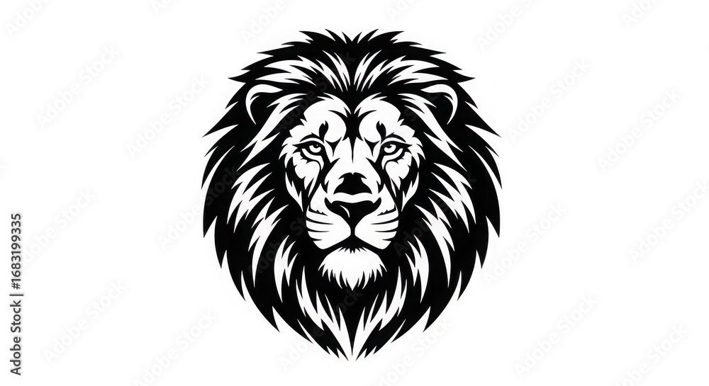 Fototapeta premium Majestic lion head with a full mane, depicted in a striking black and white illustration, isolated on transparent background