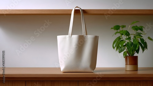 A minimalist white canvas tote bag rests on a wooden shelf alongside a lush, green potted plant, creating a natural and contemporary interior decor scene.