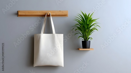 A white canvas tote bag hanging on a wooden wall-mounted shelf, accompanied by a small potted plant, creating a clean and modern interior decor display.