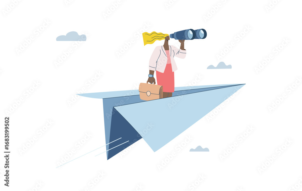 Obraz premium Businesswoman riding a paper rocket flying in the sky with telescope, symbol of vision, dreams, and business growth.