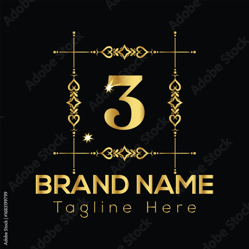 Golden Number 3 Logo With Ornate Frame and Brand Name
