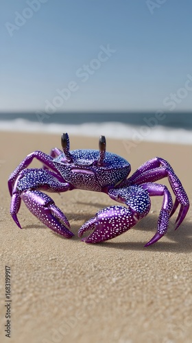 A colorful and unique purple crab resting on the sandy beach, with the calm ocean and clear sky in the background.