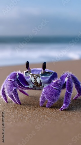 A close-up shot of a vivid purple crab resting on the sandy beach, with the calm ocean waves and horizon in the background