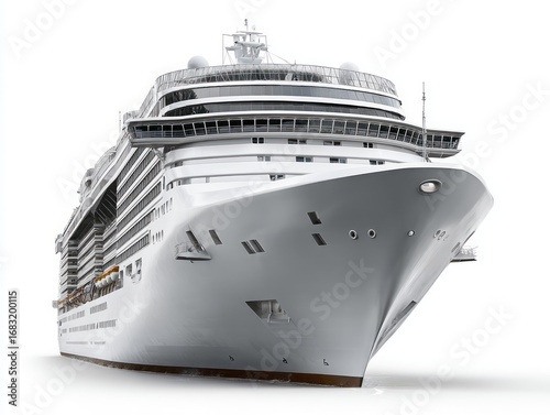 Full shot of a large, modern cruise ship against a plain white background.