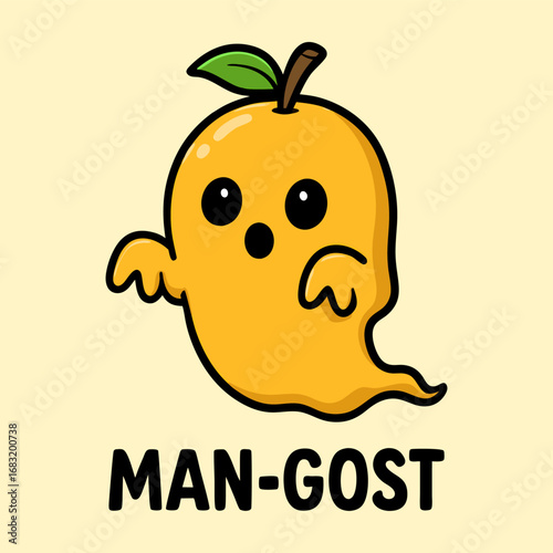 Cute Cartoon Mango Ghost Pun Illustration – “MAN-GOST” Funny Fruit Character