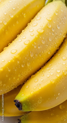 Close up shot of a bunch of ripe yellow bananas covered in water droplets creating a fresh look