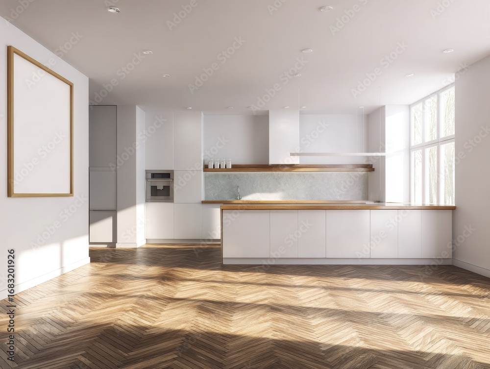 Obraz premium A kitchen with a white counter and a wooden island